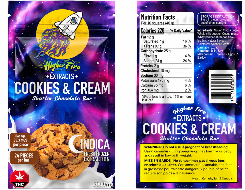 Source photograph: [ ] Higher Fire Shatter Chocolate Bar – Cookies and Cream – Indica