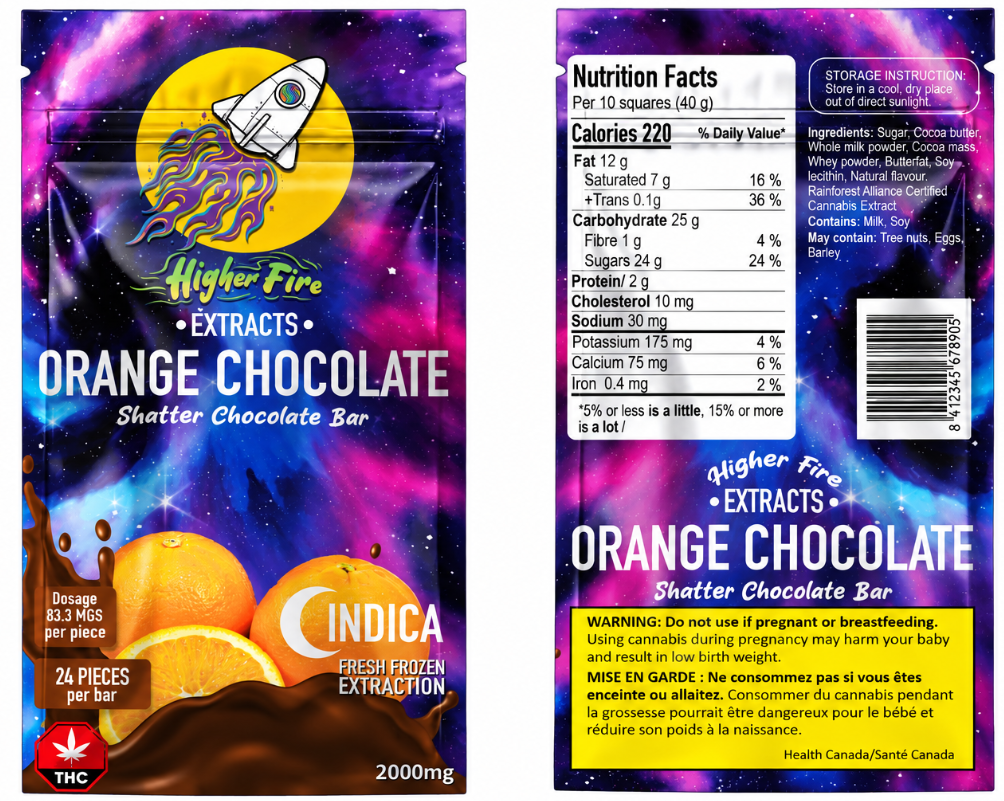 Source photograph: [ ] Higher Fire Shatter Chocolate Bar – Orange – Indica
