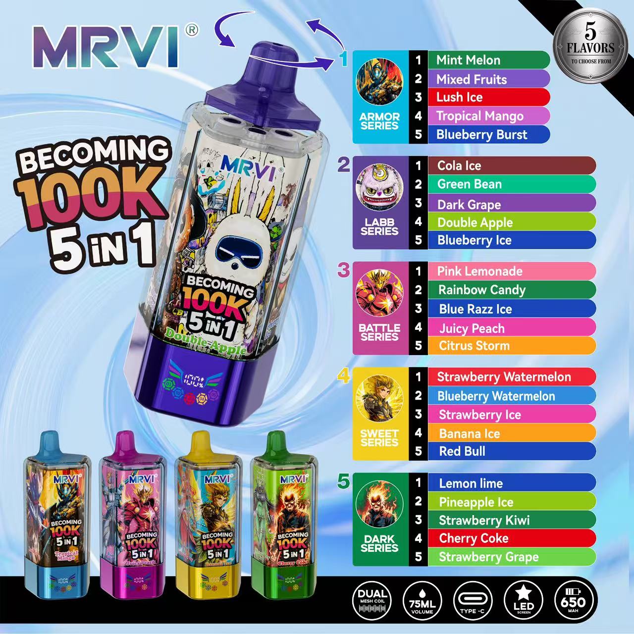 🔥💨 MRVI 100 000 PUFF Disposable NICOTINE Vape — 5 Flavors in 1 Pen